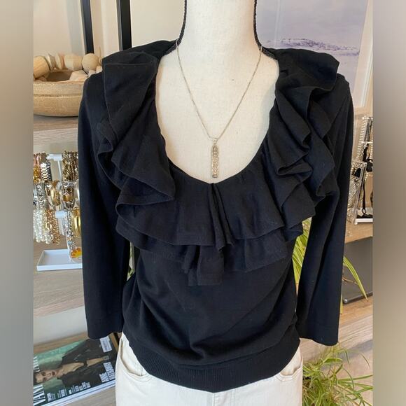 Lauren Ralph Lauren ruffle neck Black sweater Silk and Cotton Blend Size Small - Picture 4 of 13